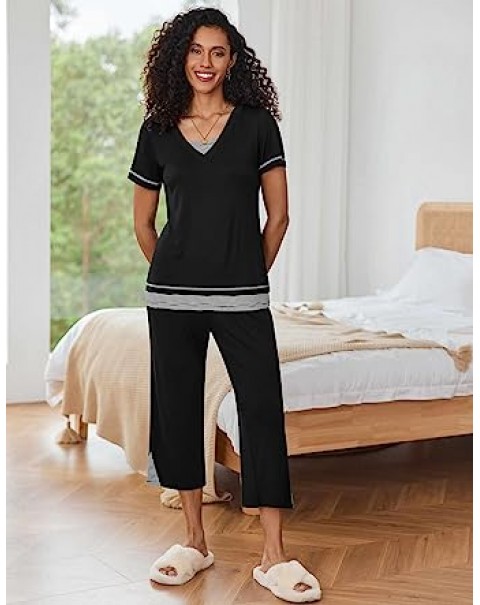 Women's Pajama Set Short Sleeve Shirt and Capri Pants Sleepwear Pjs Sets Soft Sleepwear