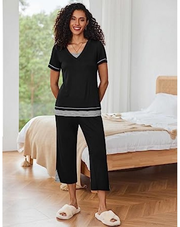 Women's Pajama Set Short Sleeve Shirt and Capri Pa...