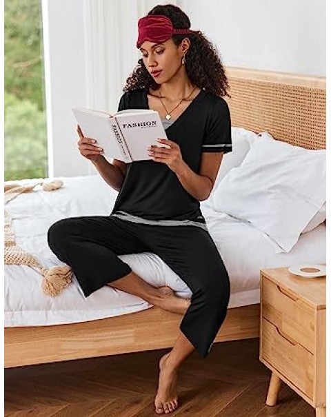 Women's Pajama Set Short Sleeve Shirt and Capri Pants Sleepwear Pjs Sets Soft Sleepwear