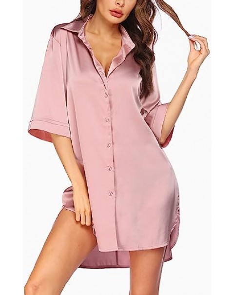 Women's Nightgown Button Down Sleepshirt Satin 3/4 Sleeve Nightshirt Boyfriend Notch Collar Sleepwear