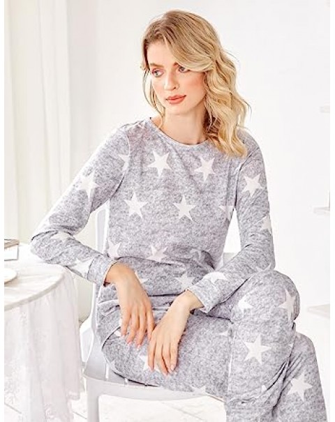 Womens Pajama Set Long Sleeve Sleepwear Star Print Nightwear Soft Pjs Lounge Sets with Pockets