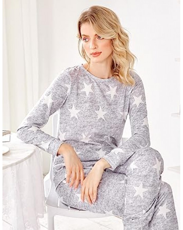 Womens Pajama Set Long Sleeve Sleepwear Star Print...