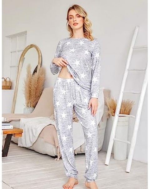 Womens Pajama Set Long Sleeve Sleepwear Star Print Nightwear Soft Pjs Lounge Sets with Pockets