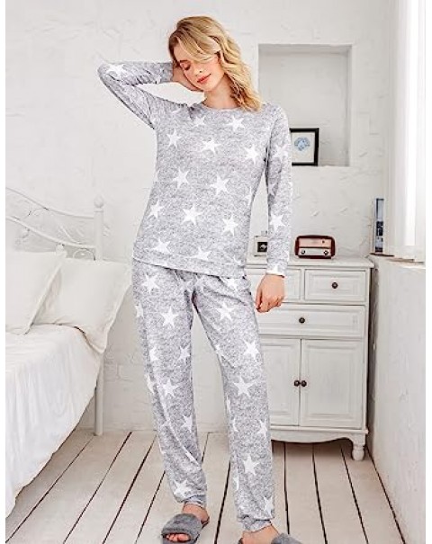 Womens Pajama Set Long Sleeve Sleepwear Star Print Nightwear Soft Pjs Lounge Sets with Pockets