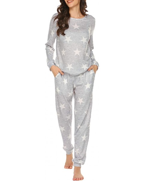 Womens Pajama Set Long Sleeve Sleepwear Star Print Nightwear Soft Pjs Lounge Sets with Pockets